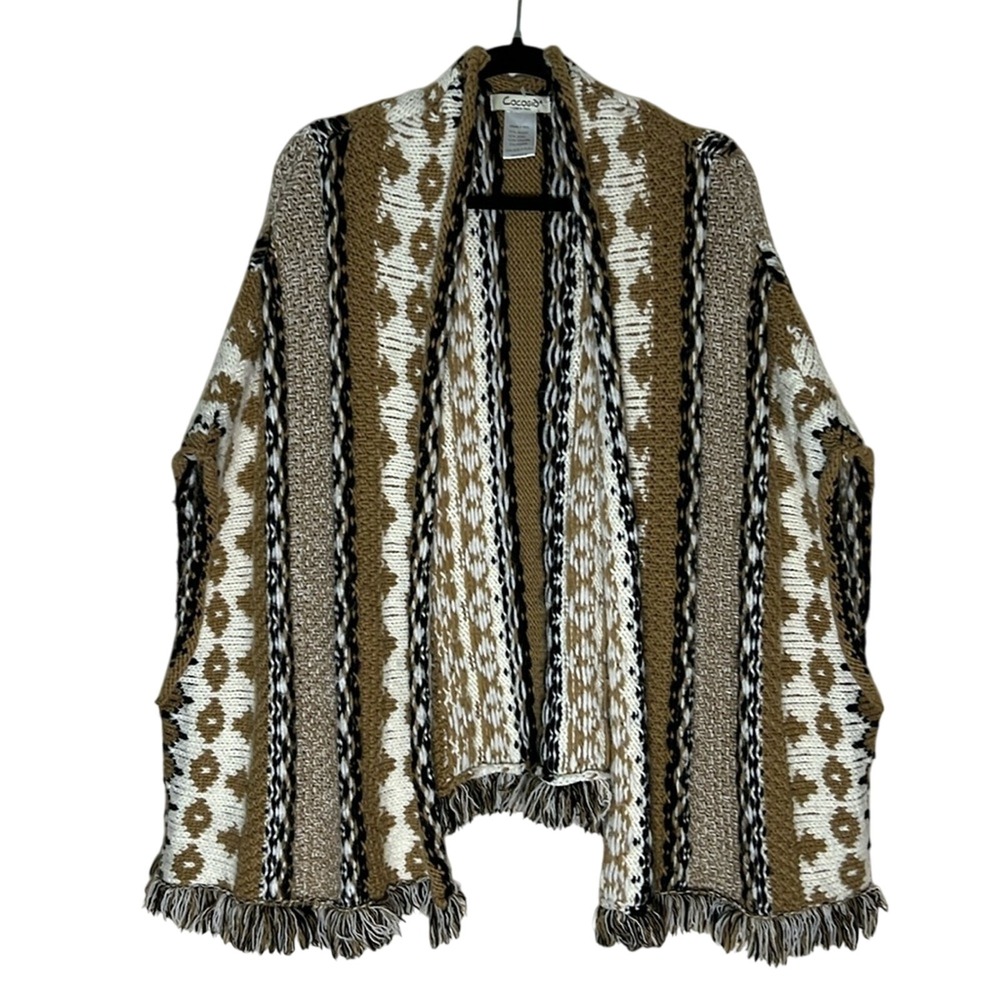 Cocogio Boho Open Front Southewest Print Cardigan OS Brown Black Cream EUC